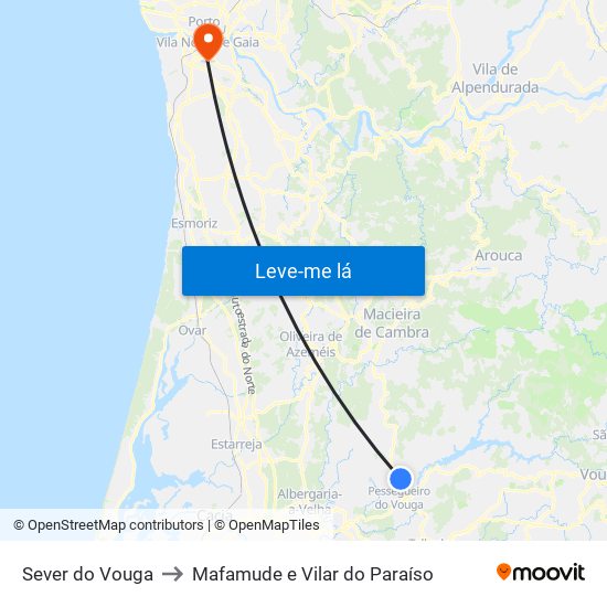 Sever do Vouga to Mafamude e Vilar do Paraíso map