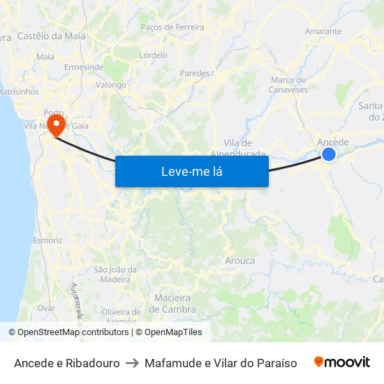 Ancede e Ribadouro to Mafamude e Vilar do Paraíso map