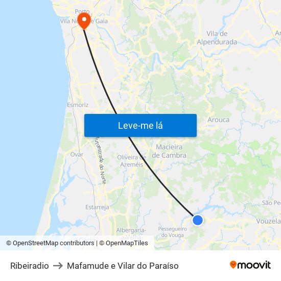 Ribeiradio to Mafamude e Vilar do Paraíso map