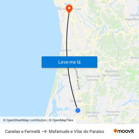 Canelas e Fermelã to Mafamude e Vilar do Paraíso map