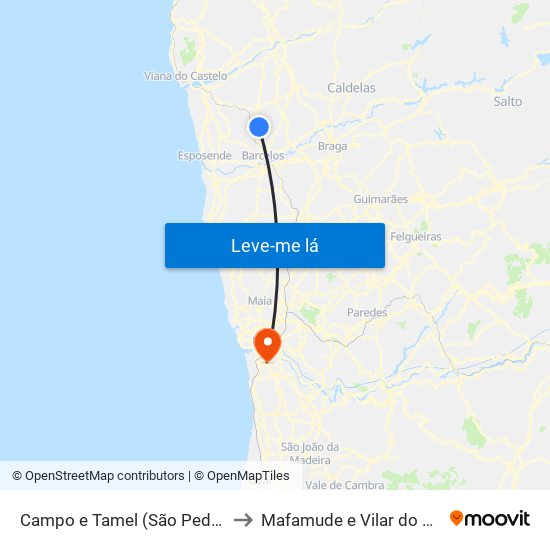 Campo e Tamel (São Pedro Fins) to Mafamude e Vilar do Paraíso map