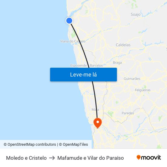 Moledo e Cristelo to Mafamude e Vilar do Paraíso map