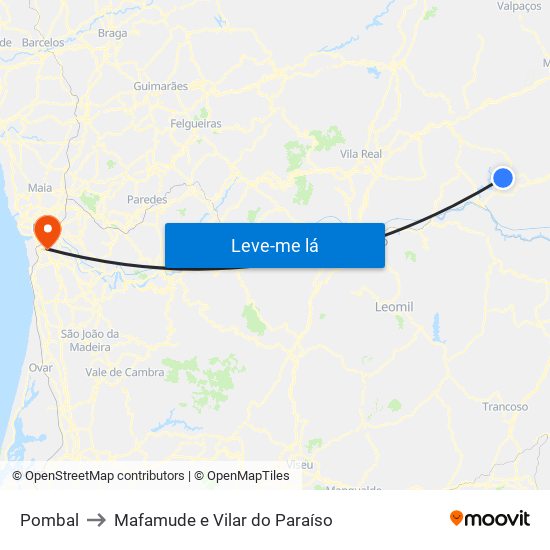 Pombal to Mafamude e Vilar do Paraíso map