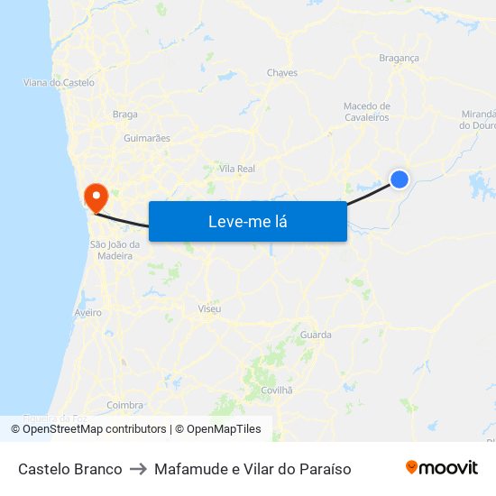 Castelo Branco to Mafamude e Vilar do Paraíso map