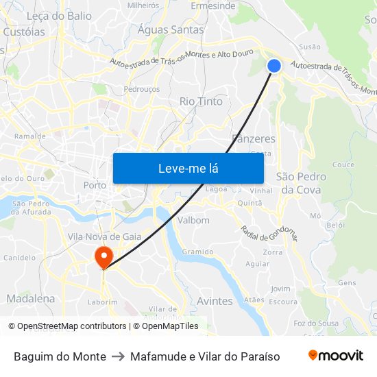 Baguim do Monte to Mafamude e Vilar do Paraíso map