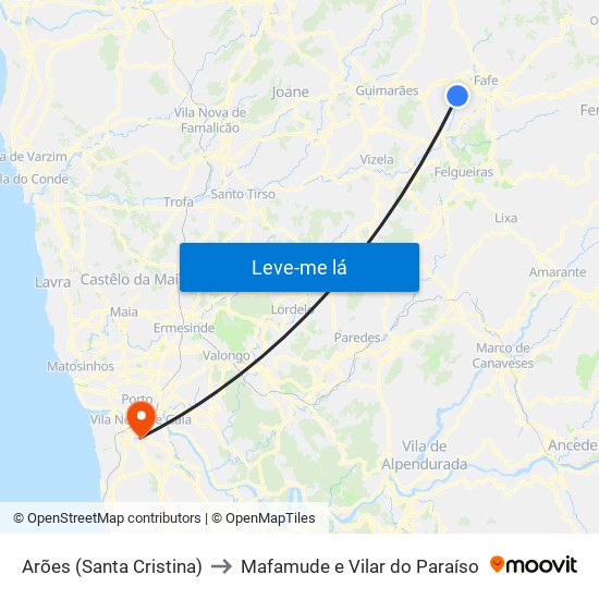 Arões (Santa Cristina) to Mafamude e Vilar do Paraíso map