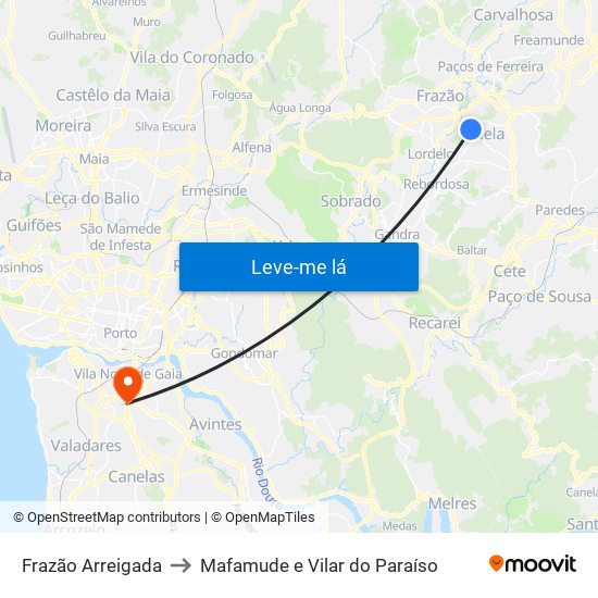 Frazão Arreigada to Mafamude e Vilar do Paraíso map