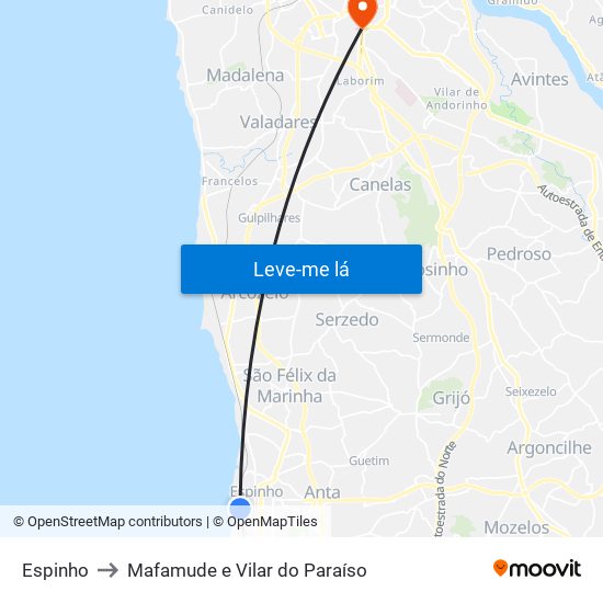 Espinho to Mafamude e Vilar do Paraíso map