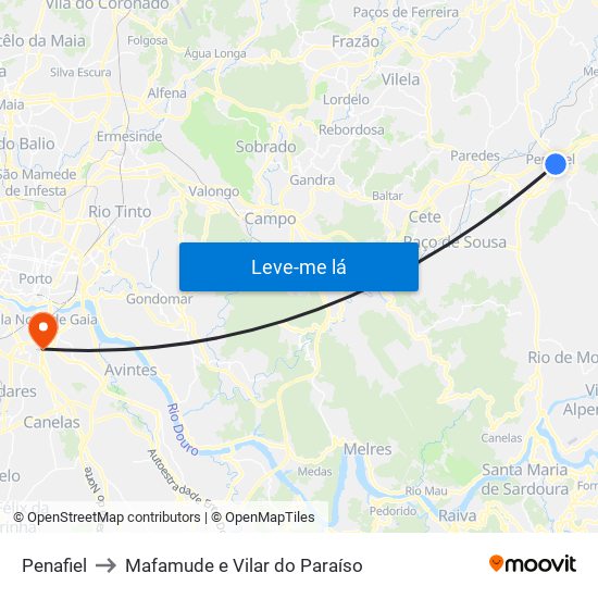 Penafiel to Mafamude e Vilar do Paraíso map