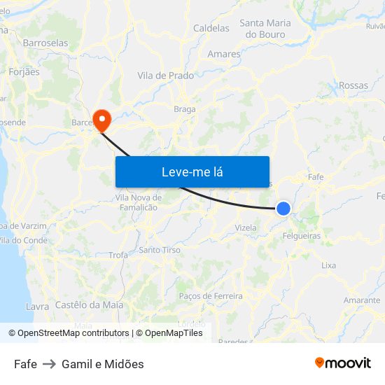 Fafe to Gamil e Midões map