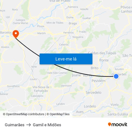 Guimarães to Gamil e Midões map