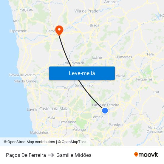 Paços De Ferreira to Gamil e Midões map
