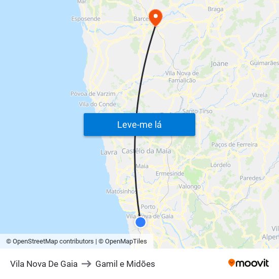 Vila Nova De Gaia to Gamil e Midões map