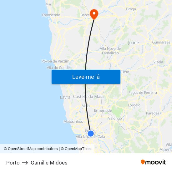 Porto to Gamil e Midões map
