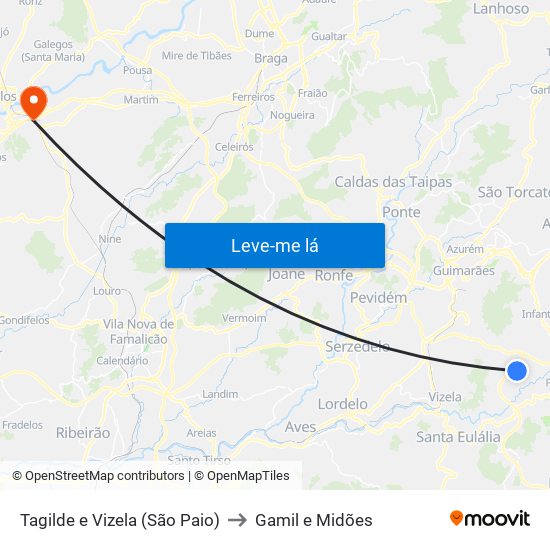 Tagilde e Vizela (São Paio) to Gamil e Midões map