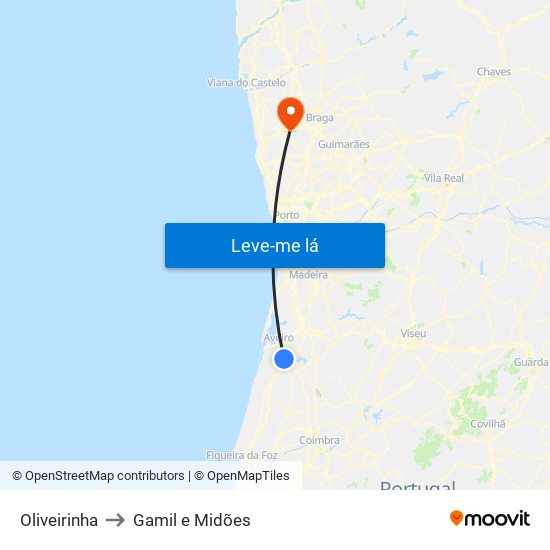 Oliveirinha to Gamil e Midões map