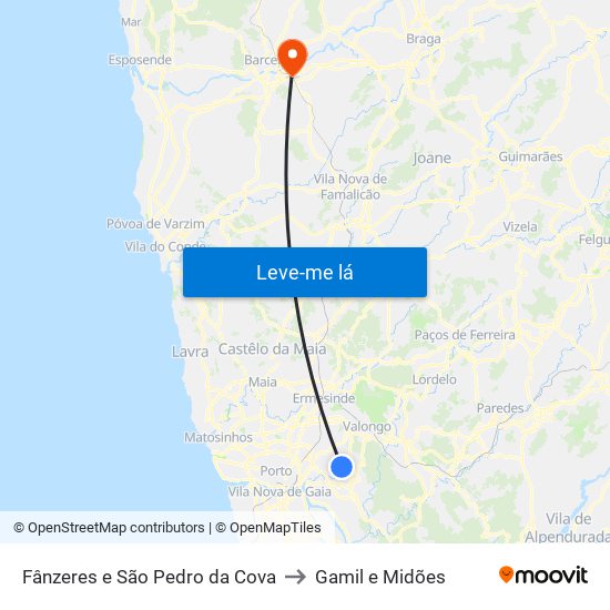 Fânzeres e São Pedro da Cova to Gamil e Midões map