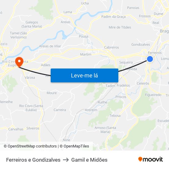 Ferreiros e Gondizalves to Gamil e Midões map