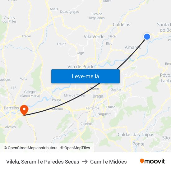 Vilela, Seramil e Paredes Secas to Gamil e Midões map