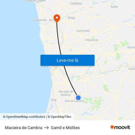 Macieira de Cambra to Gamil e Midões map