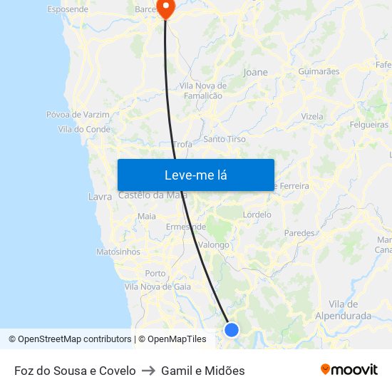 Foz do Sousa e Covelo to Gamil e Midões map