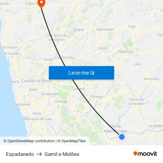 Espadanedo to Gamil e Midões map