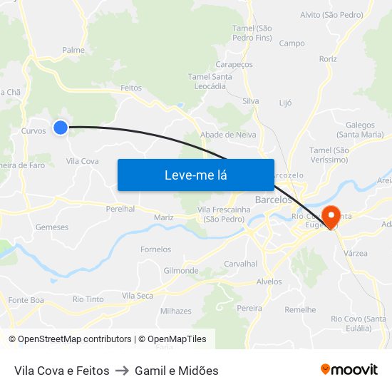 Vila Cova e Feitos to Gamil e Midões map