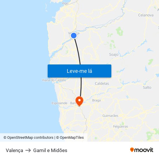 Valença to Gamil e Midões map