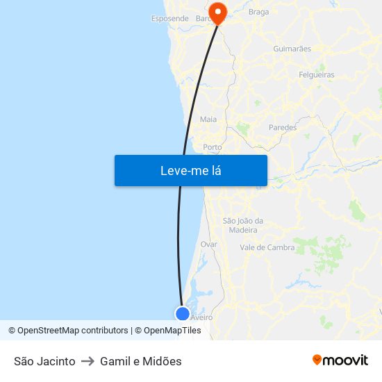 São Jacinto to Gamil e Midões map