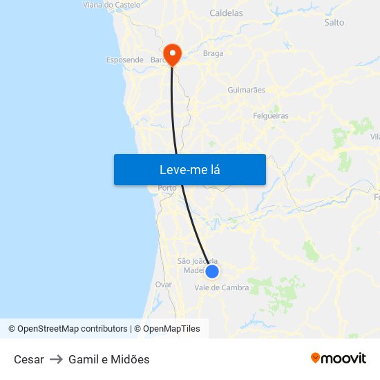 Cesar to Gamil e Midões map