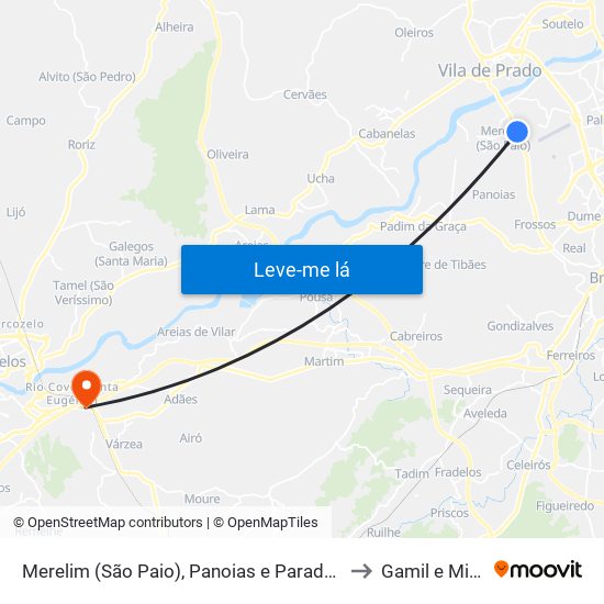 Merelim (São Paio), Panoias e Parada de Tibães to Gamil e Midões map