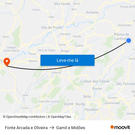 Fonte Arcada e Oliveira to Gamil e Midões map