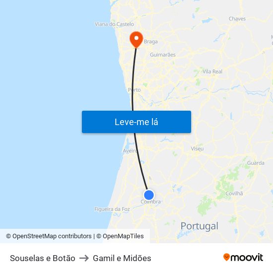 Souselas e Botão to Gamil e Midões map