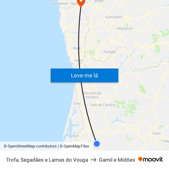 Trofa, Segadães e Lamas do Vouga to Gamil e Midões map