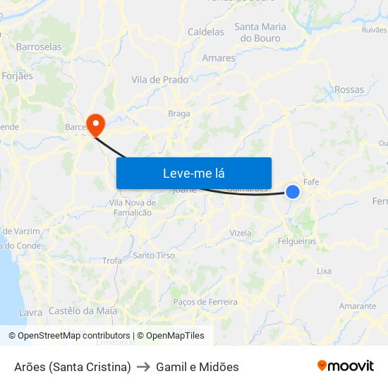 Arões (Santa Cristina) to Gamil e Midões map