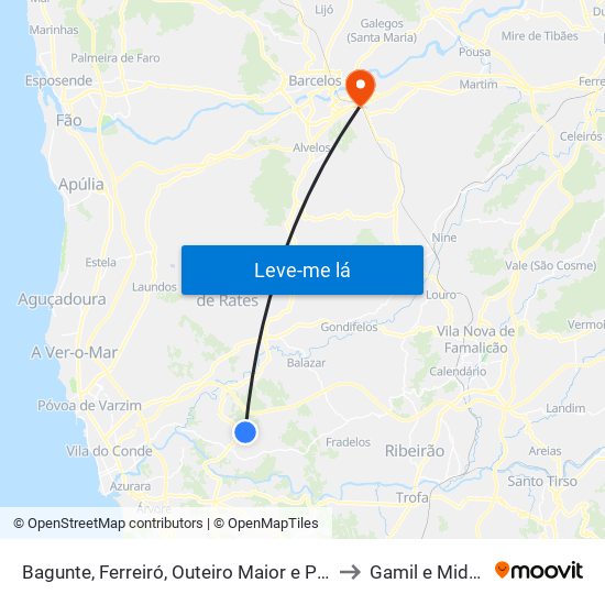 Bagunte, Ferreiró, Outeiro Maior e Parada to Gamil e Midões map