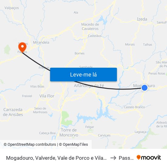 Mogadouro, Valverde, Vale de Porco e Vilar de Rei to Passos map