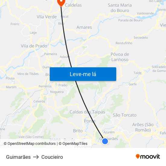 Guimarães to Coucieiro map