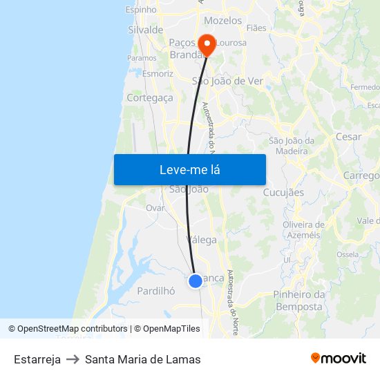 Estarreja to Santa Maria de Lamas map
