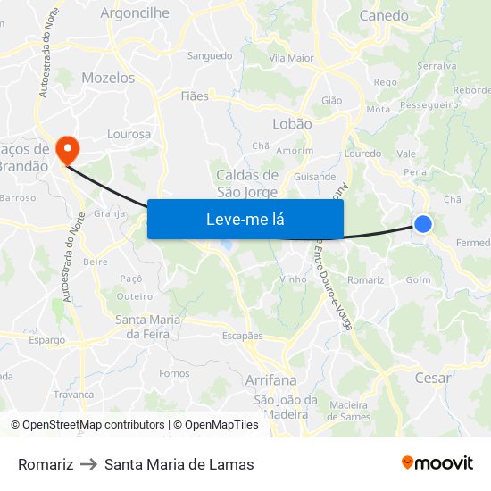 Romariz to Santa Maria de Lamas map