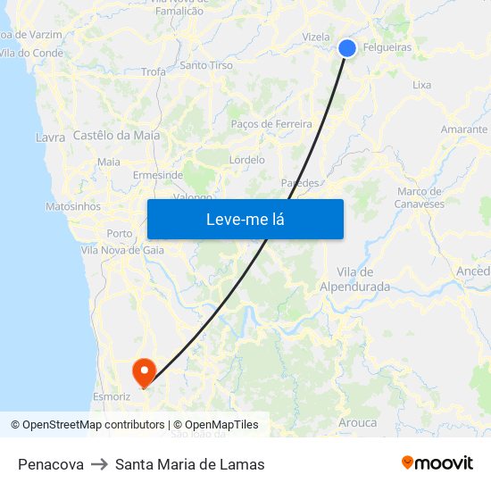 Penacova to Santa Maria de Lamas map