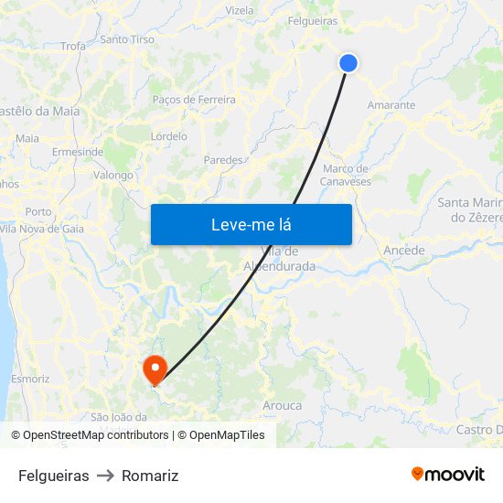 Felgueiras to Romariz map