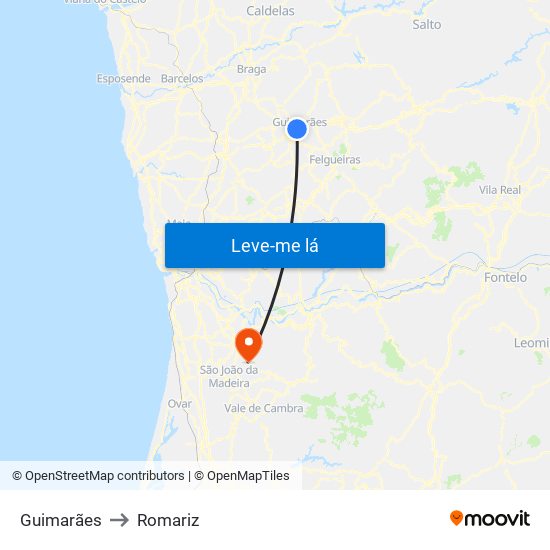 Guimarães to Romariz map