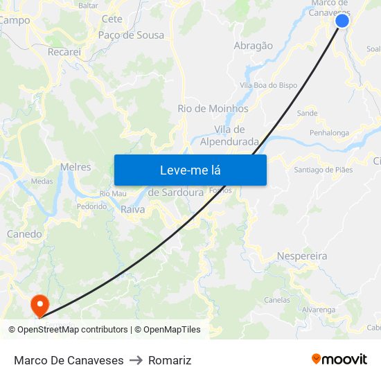 Marco De Canaveses to Romariz map