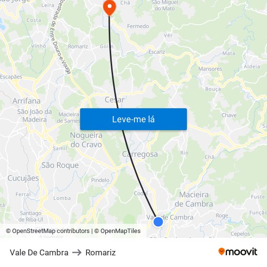 Vale De Cambra to Romariz map