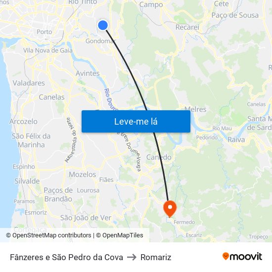 Fânzeres e São Pedro da Cova to Romariz map