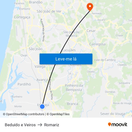 Beduído e Veiros to Romariz map