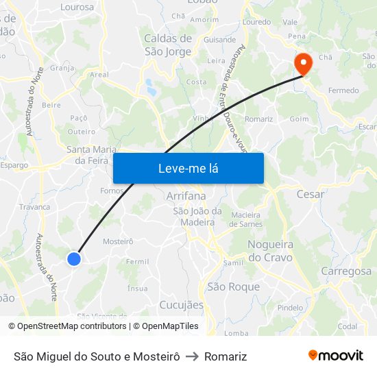 São Miguel do Souto e Mosteirô to Romariz map