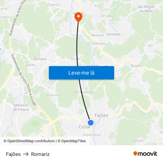 Fajões to Romariz map