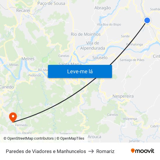 Paredes de Viadores e Manhuncelos to Romariz map